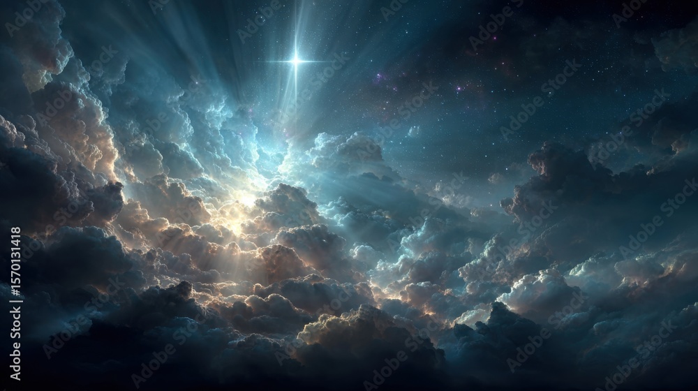 A beautiful night sky with a bright star shining through the clouds. The sky is filled with clouds and the star is the only light source A beautiful night sky with a bright star shining through the clouds. The sky is filled with clouds and the star is the only light source