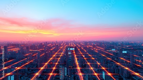 High-angle view of a smart city operating with AI systems, roads with autonomous vehicles, smart buildings exchanging data,