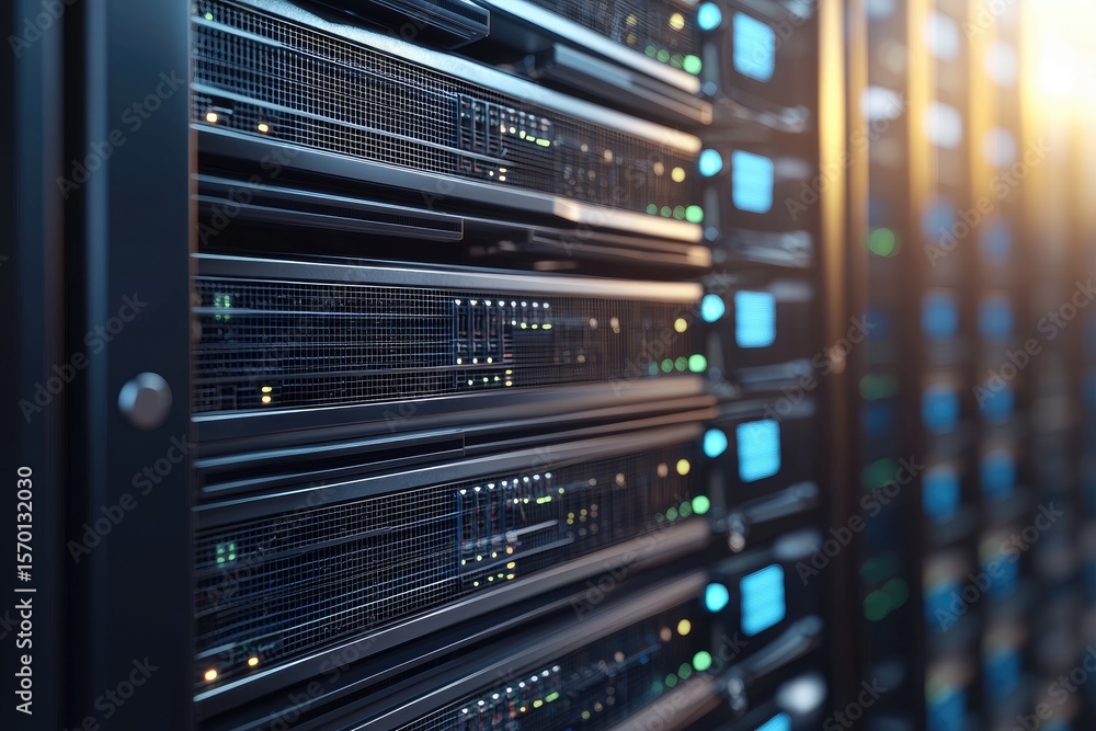 Naklejka premium 3D rendering of illuminated server racks in a data center environment, ideal for showcasing IT infrastructure, cloud storage, or advanced digital technology concepts