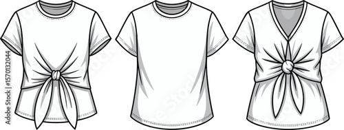 Stylish Knotted Front Crop Tops Technical Flat Sketch Set, Featuring Button Placket, Ideal for Casual and Trendy Apparel Design.