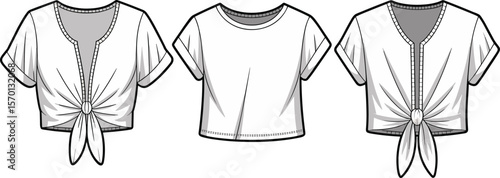 Stylish Knotted Front Crop Tops Technical Flat Sketch Set, Featuring Rolled Sleeves, Ideal for Casual and Trendy Apparel Design.