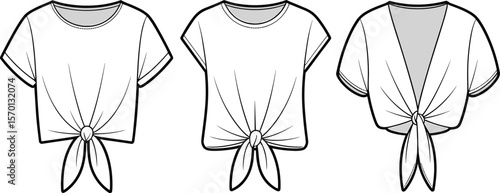 Stylish Knotted Front Crop Tops Technical Flat Sketch Set, Featuring Short Sleeves, Ideal for Casual and Trendy Apparel Design.