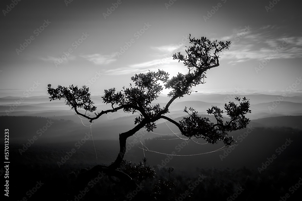 Obraz premium Silhouette of a tree against a mountain landscape