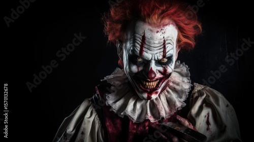 Portrait of a scary clown on black background. Halloween concept. Halloween theme. Evil Clown. Creepy Evil Clown. Horror movie Concept. Halloween Concept with Copy Space.