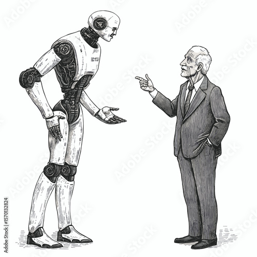 Senior man figure discussing AI with a humanoid robot
