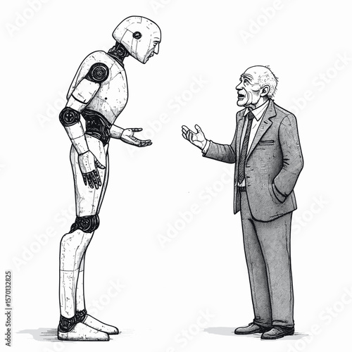 Senior man figure discussing AI with a humanoid robot