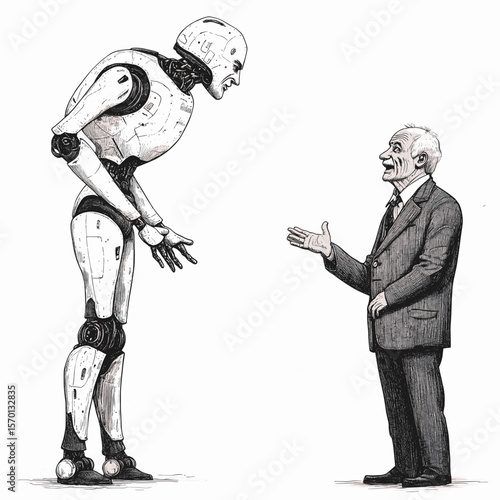 Senior man figure discussing AI with a humanoid robot