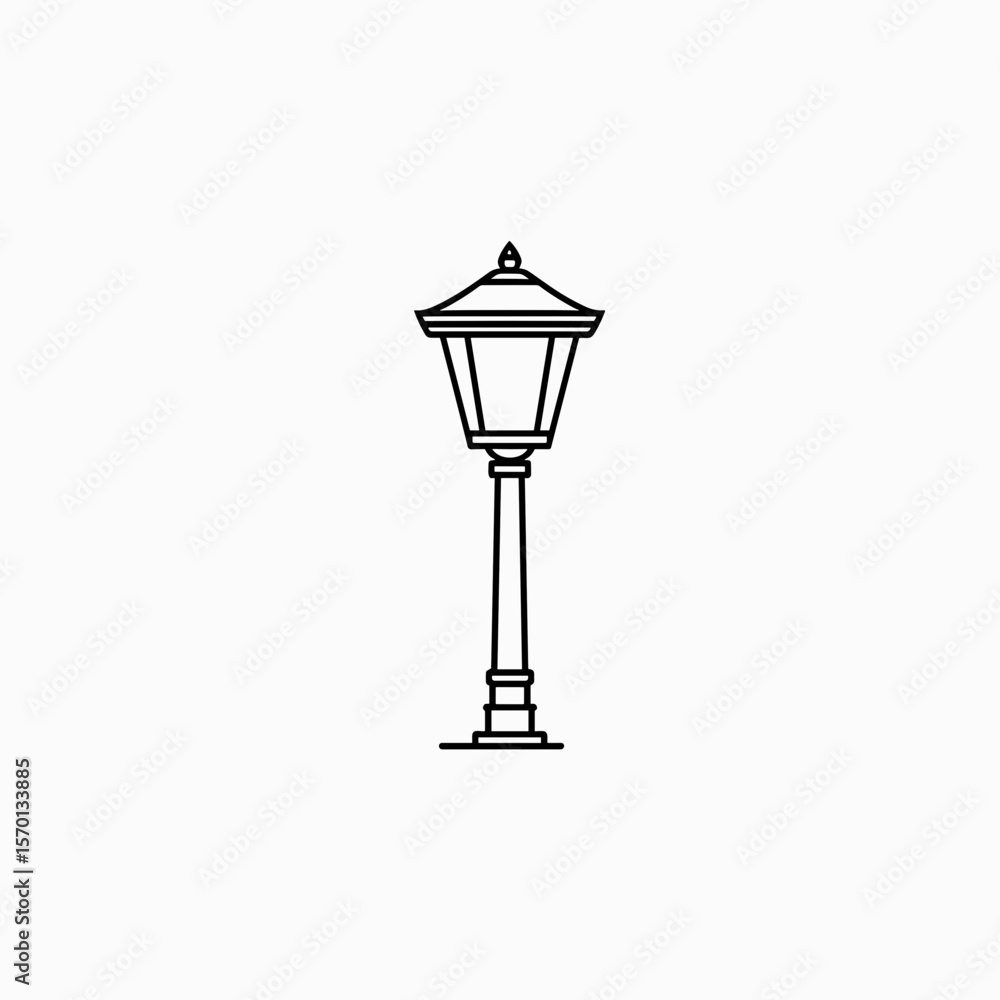 Fototapeta premium Vintage street lamp in minimalist line art style on white background 