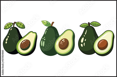 Avocado Whole and Half Slice Icons Set - Vector Collection of Green Healthy Fruit Illustrations.