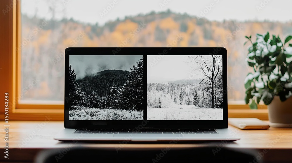 Fototapeta premium Man using AI photo restoration software to fix an old black-and-white image, laptop screen with slider comparison
