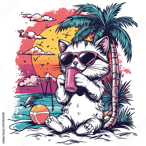 Cute cat relaxing on a tropical beach with a drink
