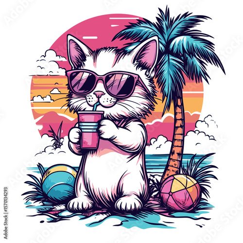 Cute cat relaxing on a tropical beach with a drink