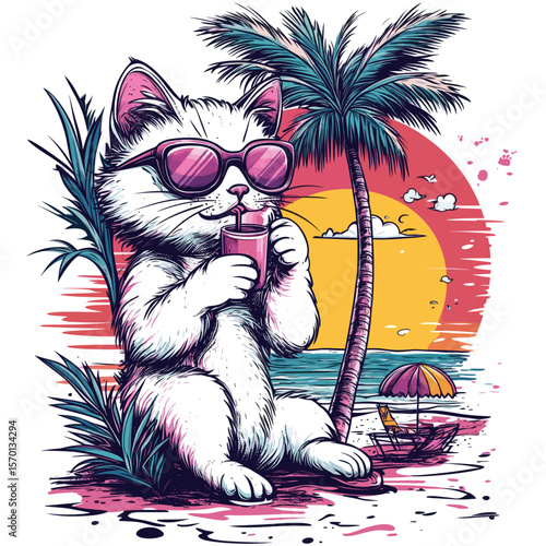 Cute cat relaxing on a tropical beach with a drink