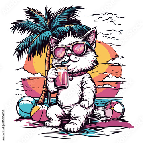 Cute cat relaxing on a tropical beach with a drink