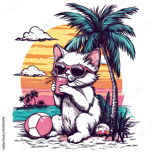 Cute cat relaxing on a tropical beach with a drink