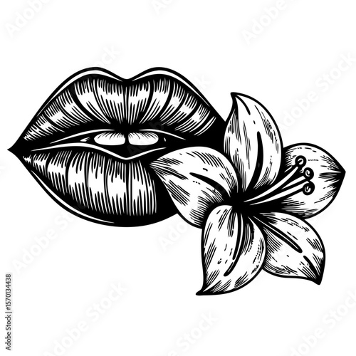 Lips and flower icon in hand-drawn engraving style, depicting sensuality and natural beauty. This lips and flower icon displays delicate flower and stylized lips.