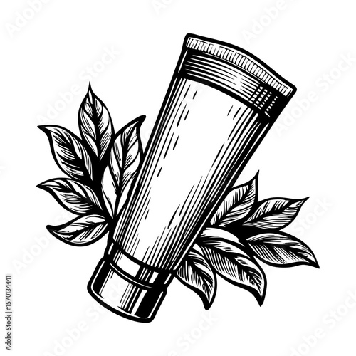 Cream tube and leaves in hand-drawn engraving create a natural beauty treatment scene. Cream tube and leaves symbolize a skin care product surrounded by botanical freshness.