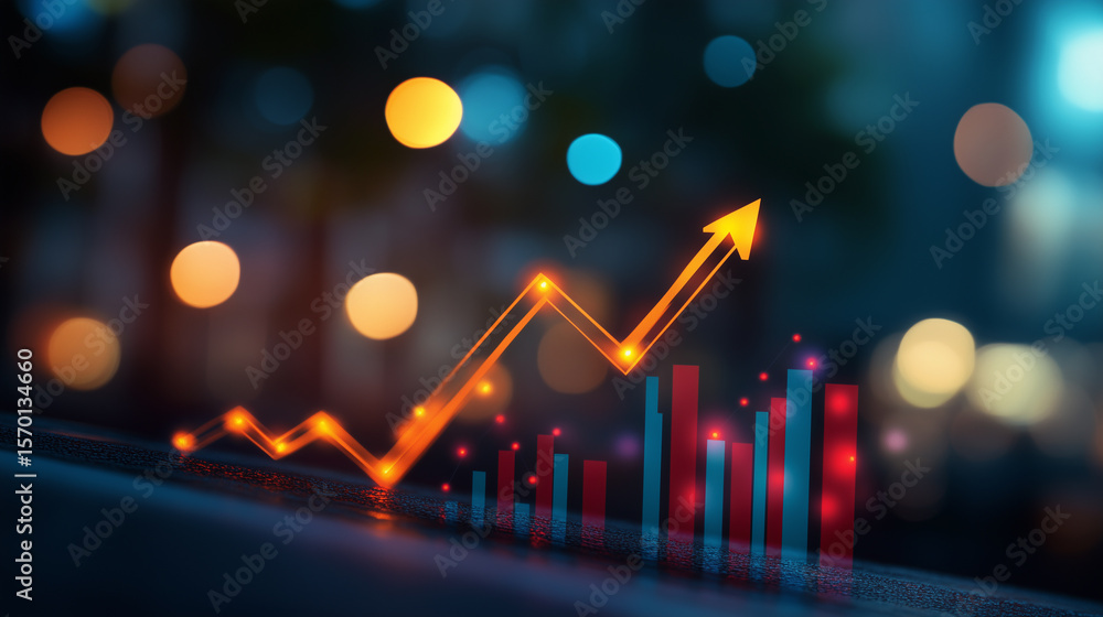 Glowing upward arrow graph illustrating dynamic business growth for financial success and strategy visualization Glowing upward arrow graph illustrating dynamic business growth for financial success and strategy visualization