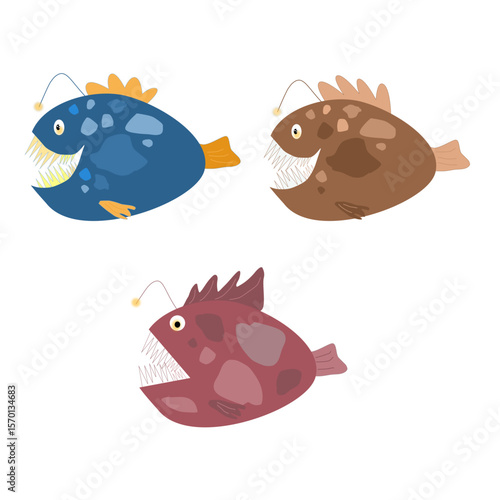  Set of Angel fish vector illustration,Deep fish isolated on transparent background,,monkfish hand drawn illustration