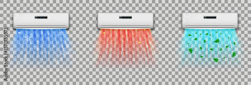 Realistic air conditioner vector set with cooling, heating, and fresh air modes on transparent background