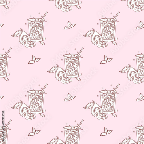 Outline Seamless Pattern with Guava Drink with tropical Fruit slices and Mint leaves on light Pink Background. Summer Refreshing Cocktail. Line hand drawing. Vector illustration