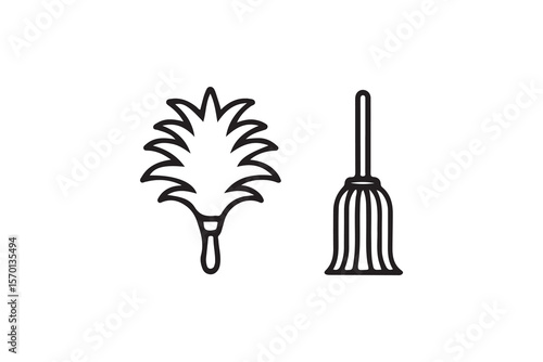 Simple Line Art Illustration of a Dustpan and a Broomstick.This simple line art graphic depicts a dustpan and a broom, perfect for a cleaning supplies theme.