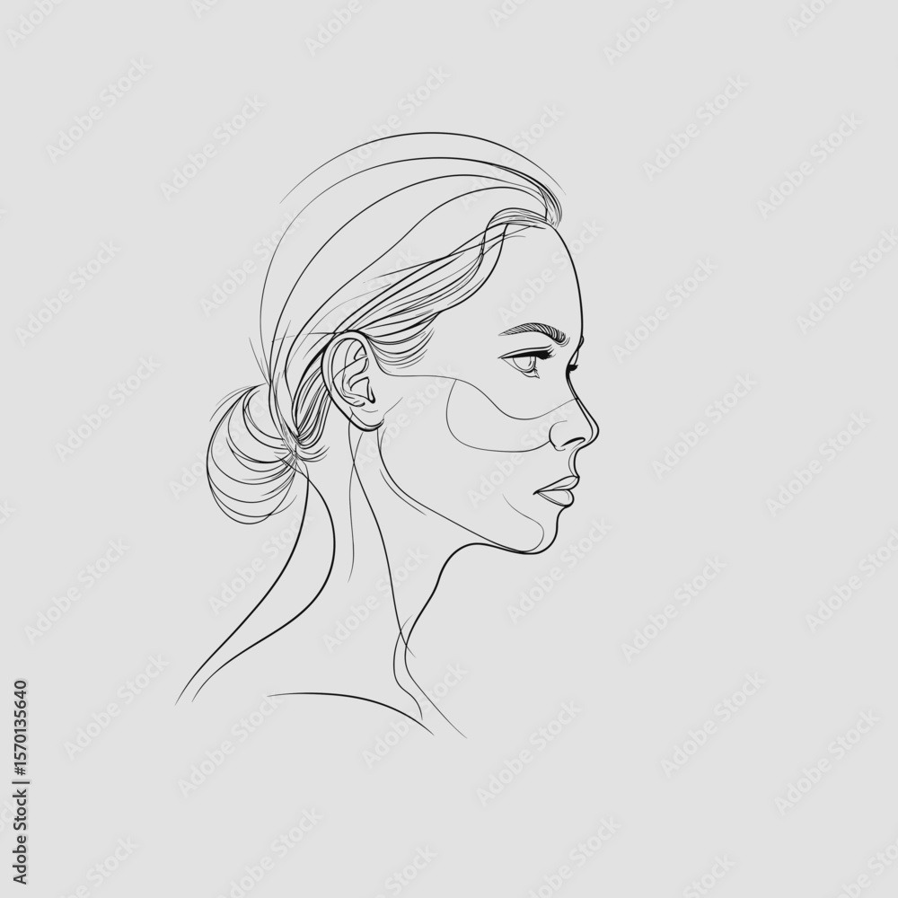 Abstract line drawing of woman’s profile with facial contouring Abstract line drawing of woman’s profile with facial contouring