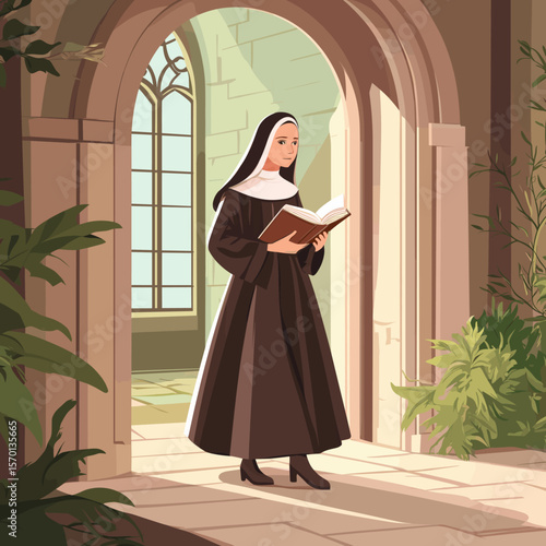Nun Walking Outside with Book