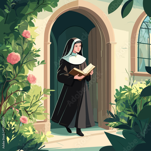 Nun Walking Outside with Book