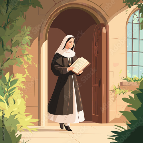 Nun Walking Outside with Book