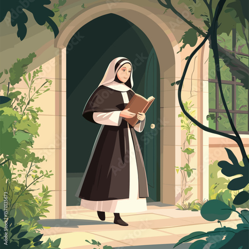 Nun Walking Outside with Book