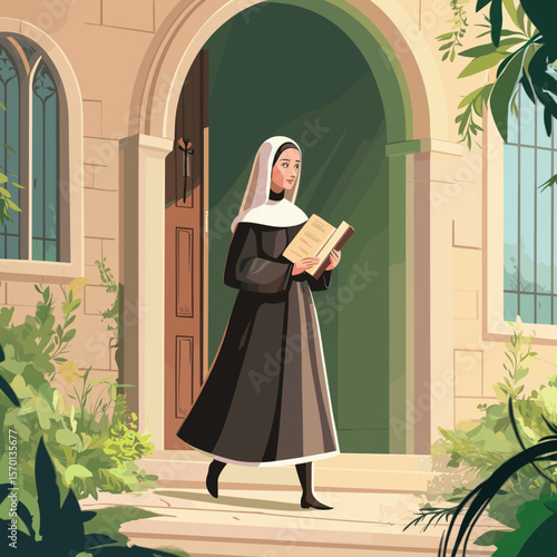 Nun Walking Outside with Book