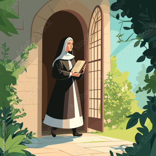 Nun Walking Outside with Book