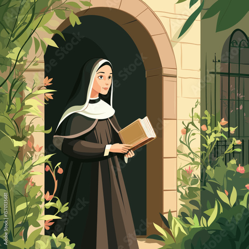 Nun Walking Outside with Book