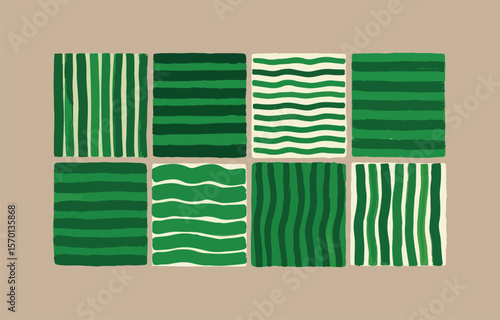 Abstract pattern of green and cream stripes and wavy lines arranged in a grid on a beige background evoking a sense of organic design and natural textures