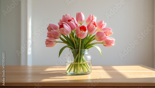 Wallpaper Mural Light Pink Tulips Bouquet in Clear Glass Vase on Light Wood Table Sunlit Room flowers Torontodigital.ca