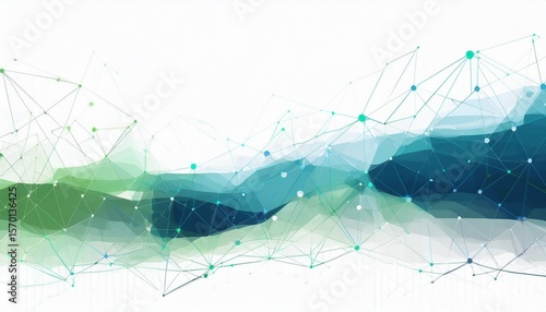 abstract geometric plexus background with dots connecting in blue and green for business and tech isolated on white background copy space for text