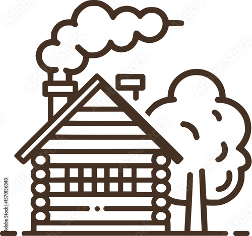 Illustration of a log cabin with smoke coming from the chimney and a tree on the side view drawing