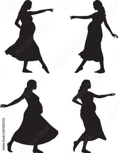 Silhouette of a Pregnant Woman in Various Poses, Expecting Motherhood and Maternity, Black Figure on White Background