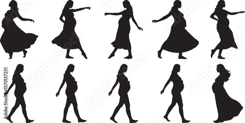 Silhouettes of Pregnant Women in Various Poses, Walking, Dancing