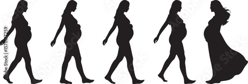 Silhouettes of Pregnant Women Walking, Expecting Mothers in Various Stages of Pregnancy, Black Figures on White