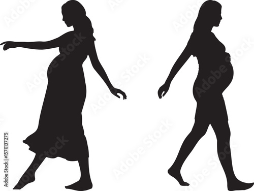 Two Pregnant Women Silhouettes, One in a Dress, One Walking