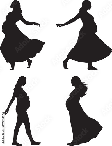 Silhouettes of Pregnant Women in Flowing Dresses, Expecting Mothers in Various Poses