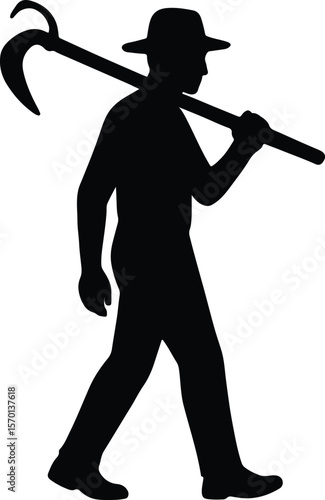 Silhouette farmer walking carrying scythe on shoulder Vector illustration