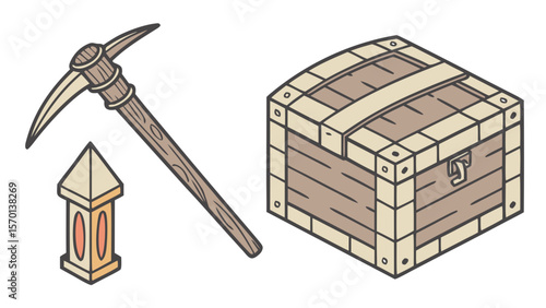 Treasure chest pickaxe and lantern vector illustration for game assets design and adventure concept art