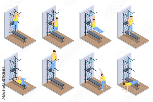 Isometric vector set of exercises pull-ups, dips, leg raises, crunches, muscle-up, push-ups, stretching near gym wall bars. Gym training illustrations. Athletic lifestyle, sports equipment.