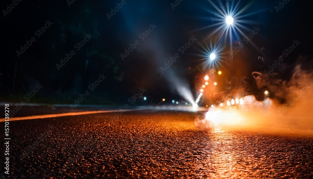 Obraz premium flare lights glowing near the ground with smoke rising on a street at night captured up close