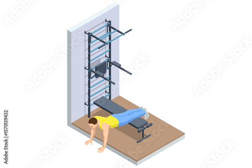 Push-ups. Isometric vector of a man performing push-ups using bench support near gym wall bars. Exercise illustration, strength workout, fitness training. Athletic lifestyle, sports equipment.