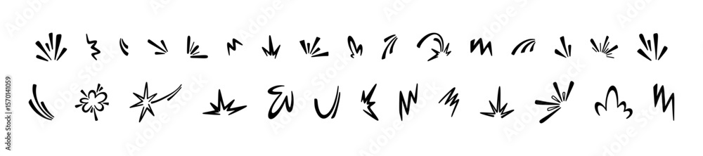 Fototapeta premium Set of cartoon Japanese manga comic effects. Doodle vector illustration hand drawn design elements. Speed, burst, boom, splash, motion, blast drawing. Superhero action icon set