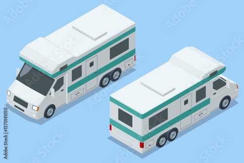 Camper isometric view of the rear and front. Kemper walking along the road in both directions.